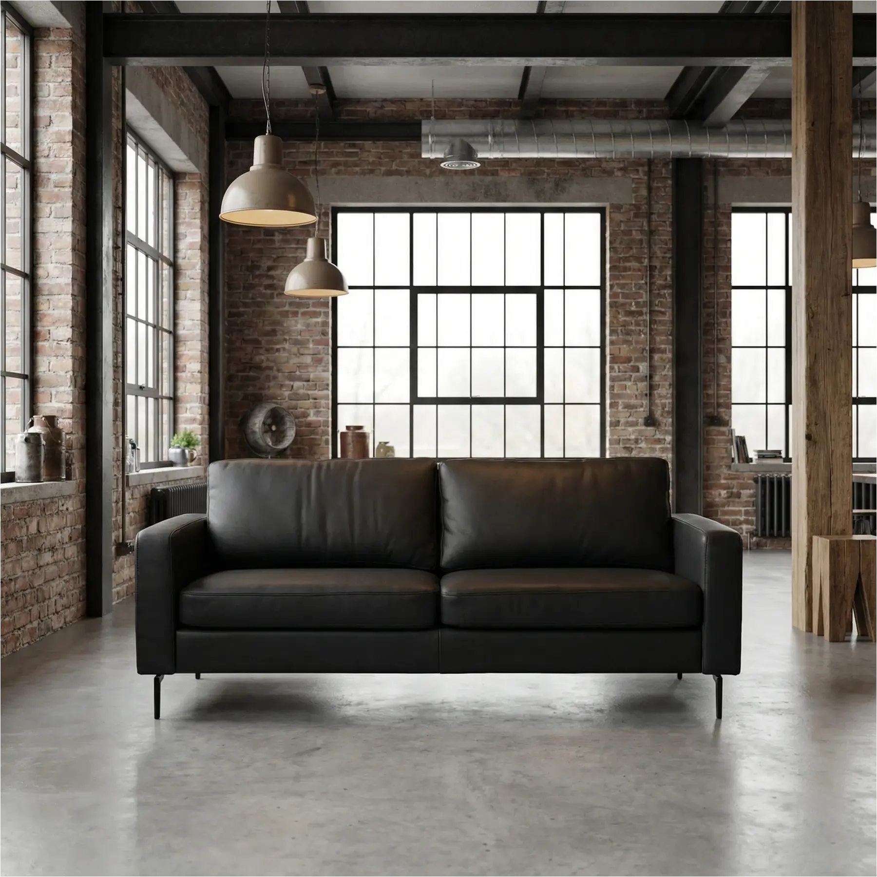 afbeelding van Leren bank Match - 3 zits - Toledo Nero (zwart) - Poten staal zwart